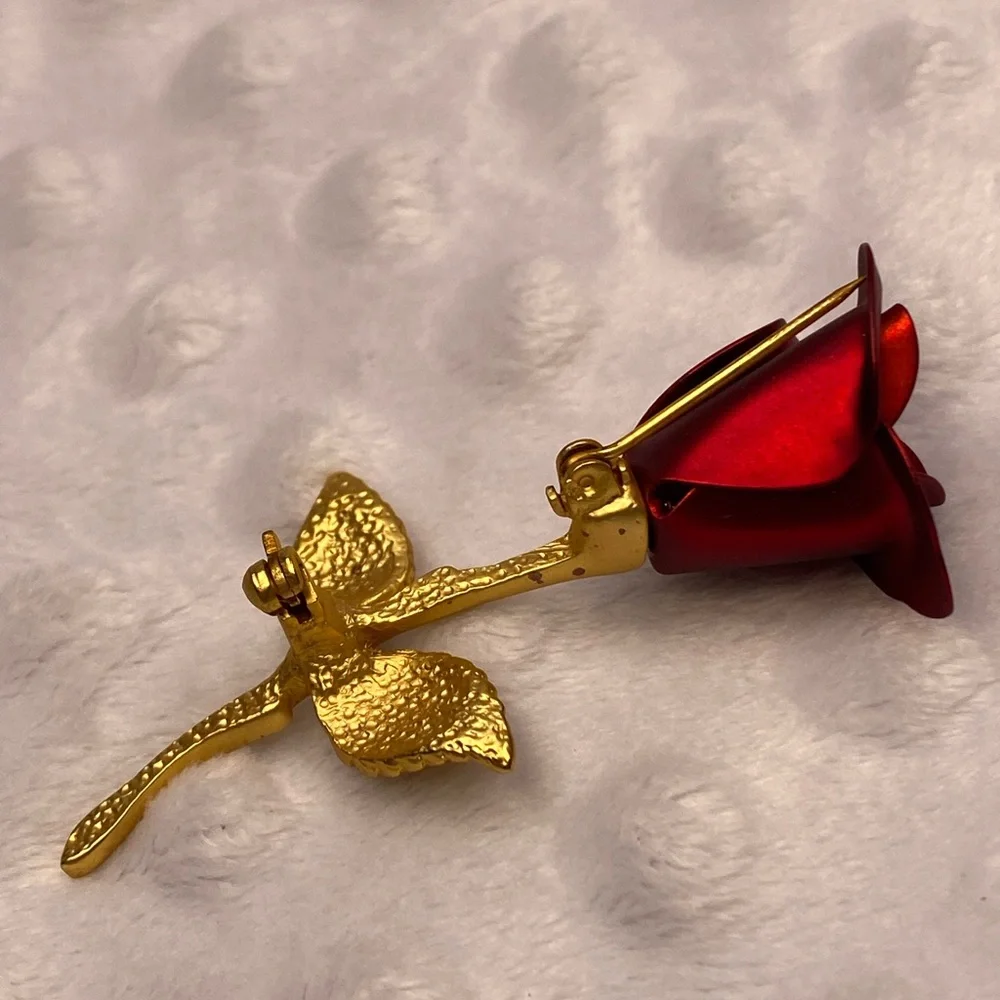 Vintage Red Rose Brooch with Gold Stem and Two Leaves